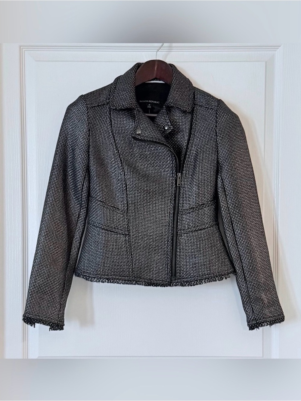 Banana Republic Black and White Tweed Zip-Front Jacket